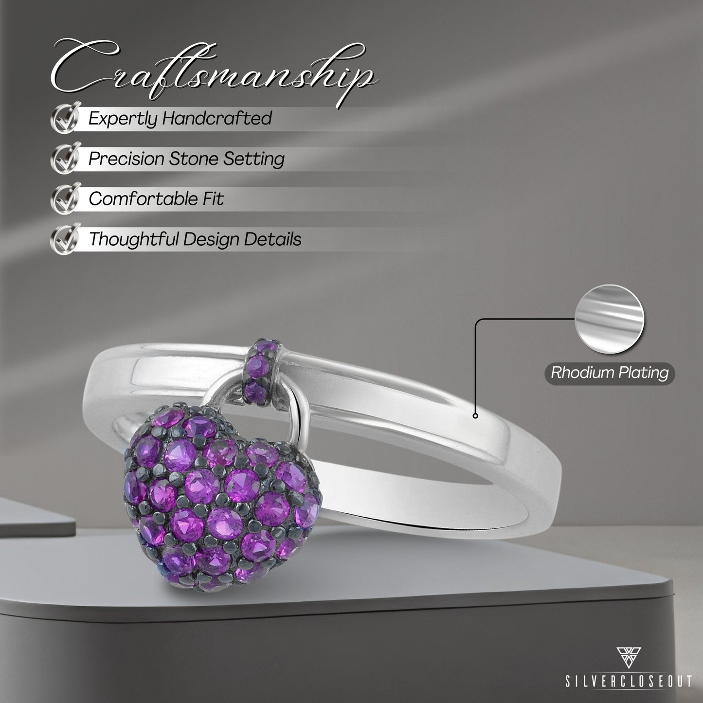 Dainty Heart Stacking Ring in Sterling Silver | Red CZ Dangle Charm | Gift for Her