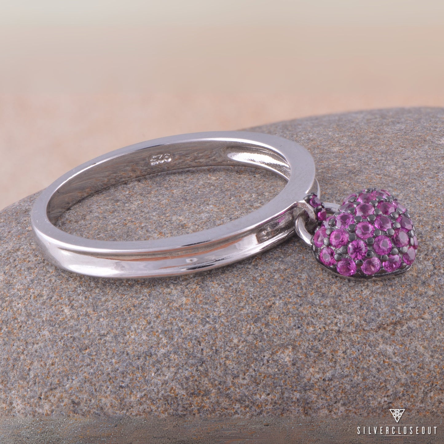Sterling Silver Ring in Sterling Silver | Red CZ Dangle Charm | Gift for Her