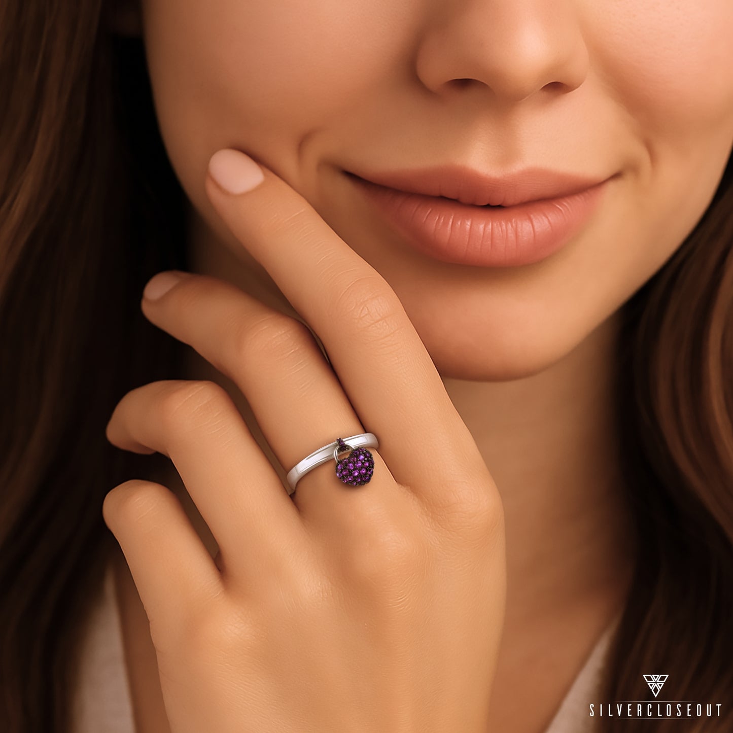 Dainty Heart Stacking Ring in Sterling Silver | Red CZ Dangle Charm | Gift for Her