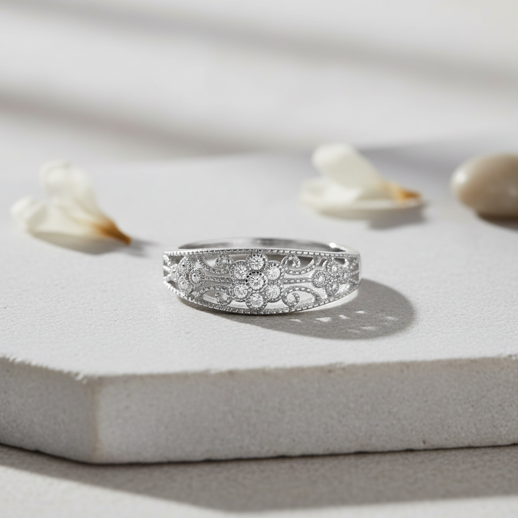 White Gold over Sterling Silver Women's Dainty Filigree CZ Victorian Flower Ring