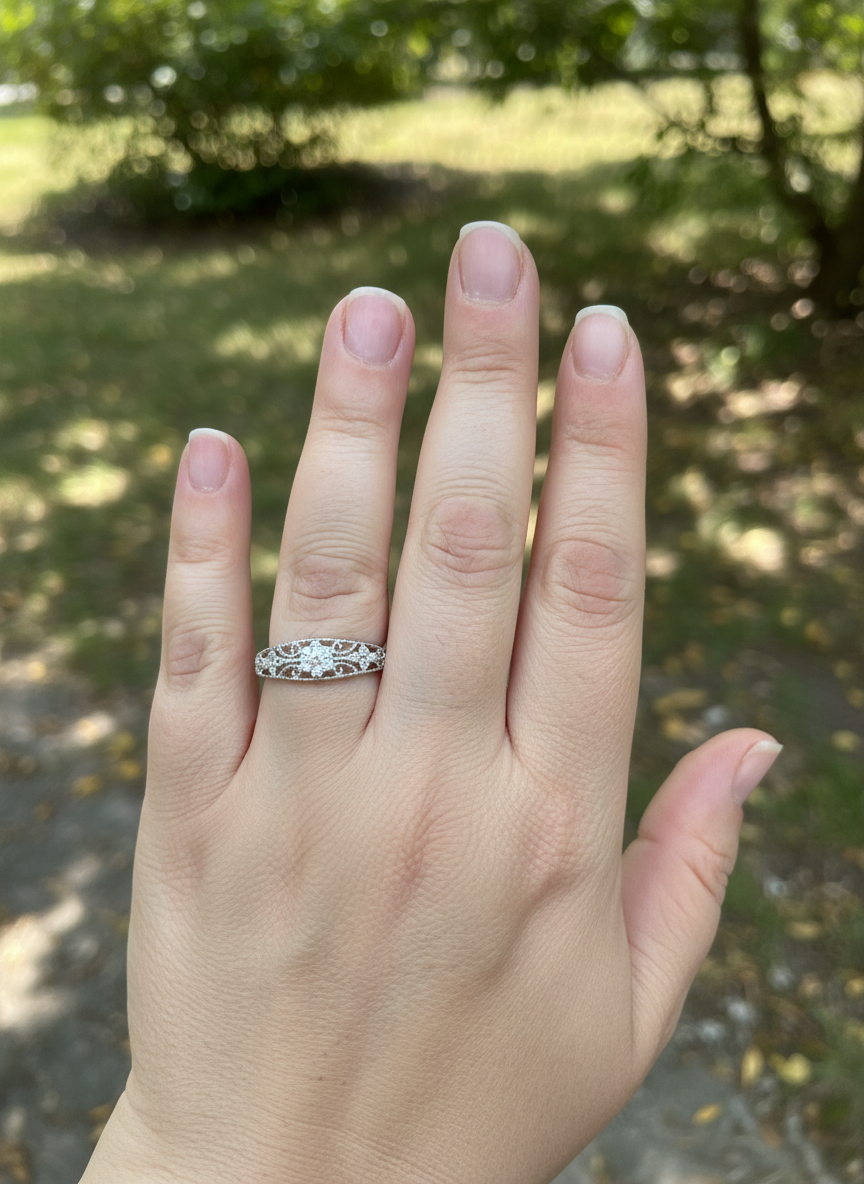 White Gold over Sterling Silver Women's Dainty Filigree CZ Victorian Flower Ring