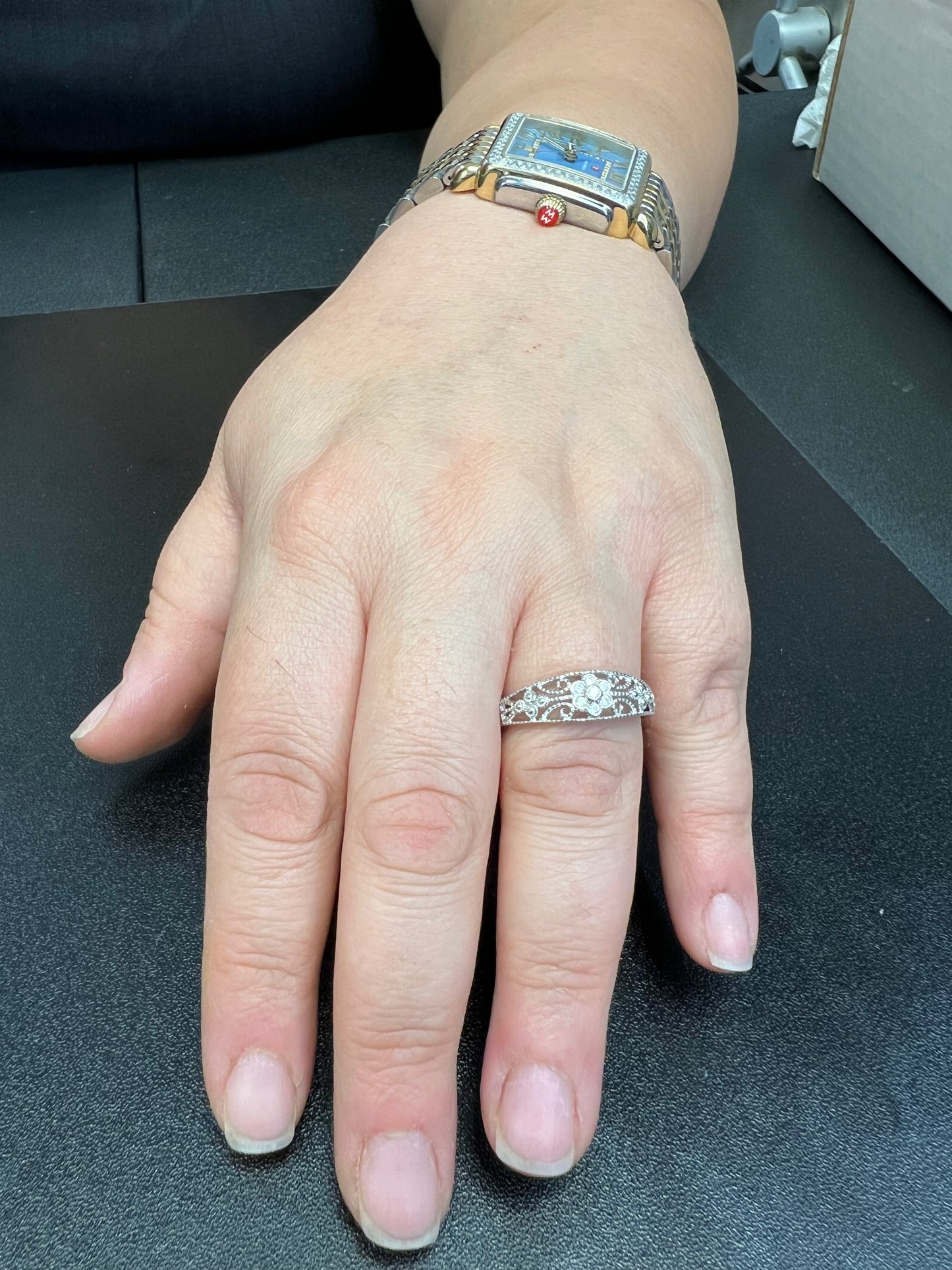 White Gold over Sterling Silver Women's Dainty Filigree CZ Victorian Flower Ring