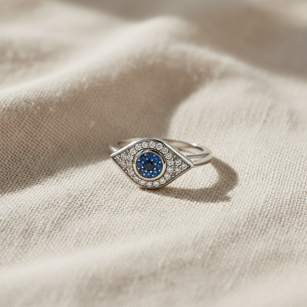 White Gold over Sterling Silver Women's Blue CZ Evil Eye Amulet Ring