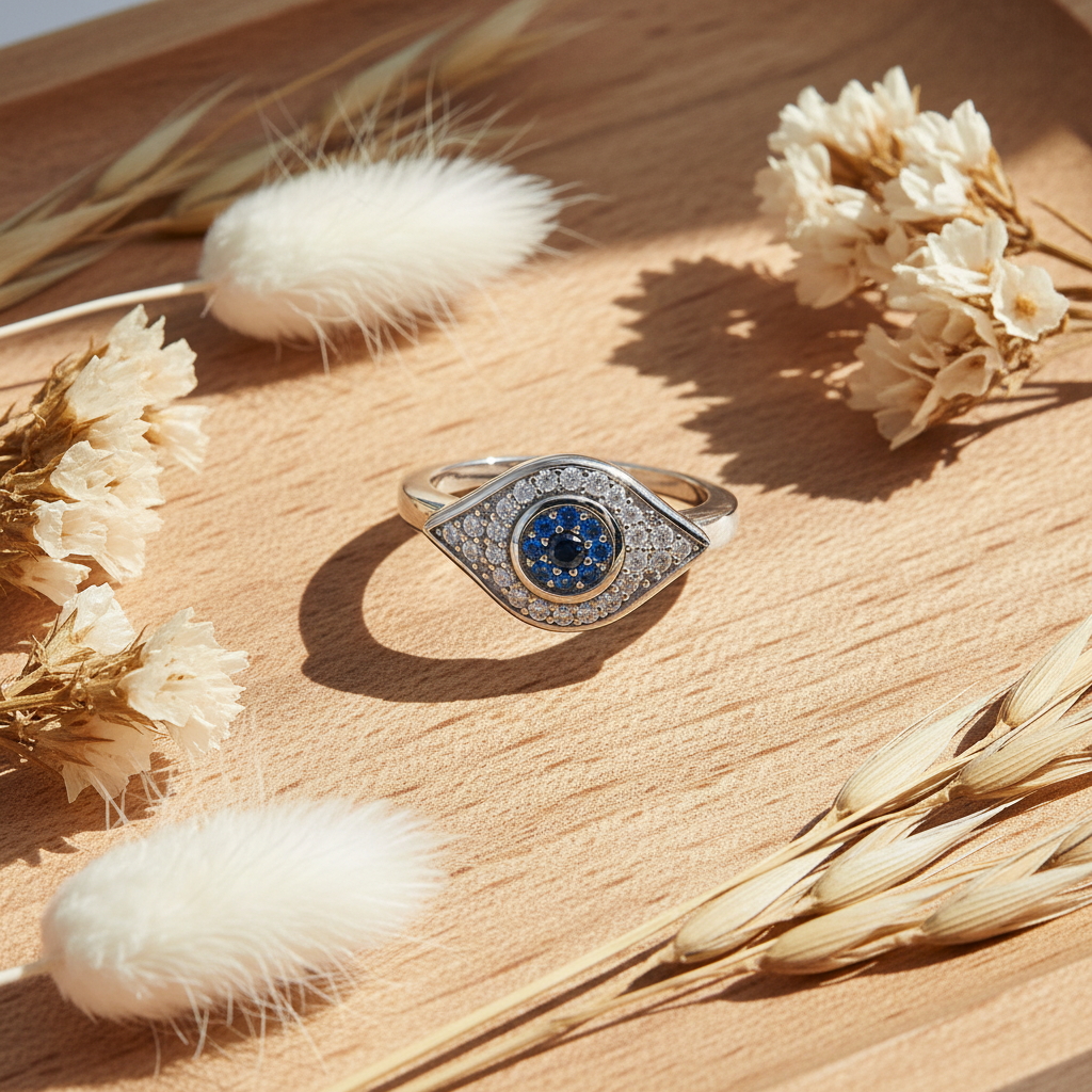 White Gold over Sterling Silver Women's Blue CZ Evil Eye Amulet Ring
