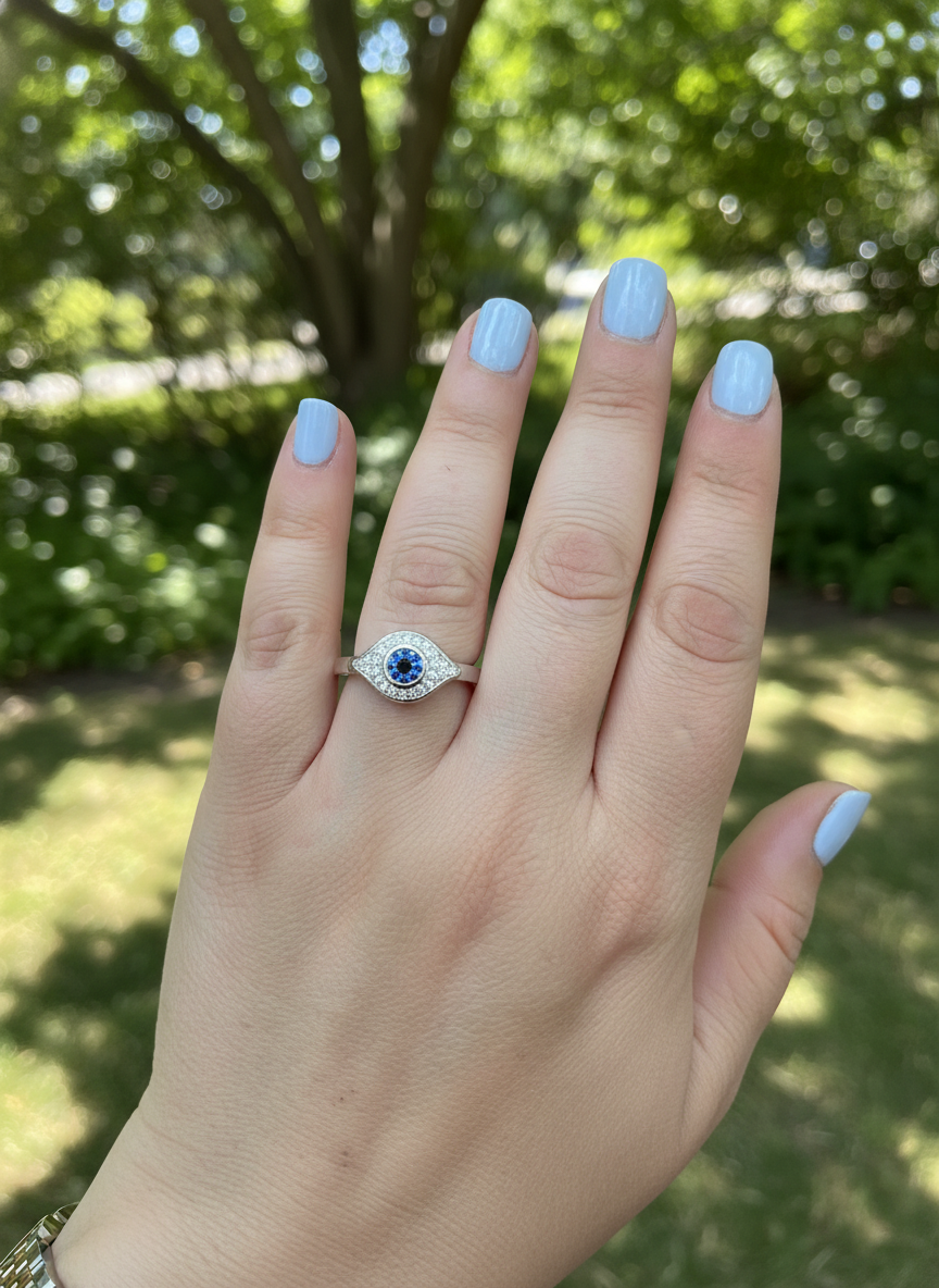 White Gold over Sterling Silver Women's Blue CZ Evil Eye Amulet Ring
