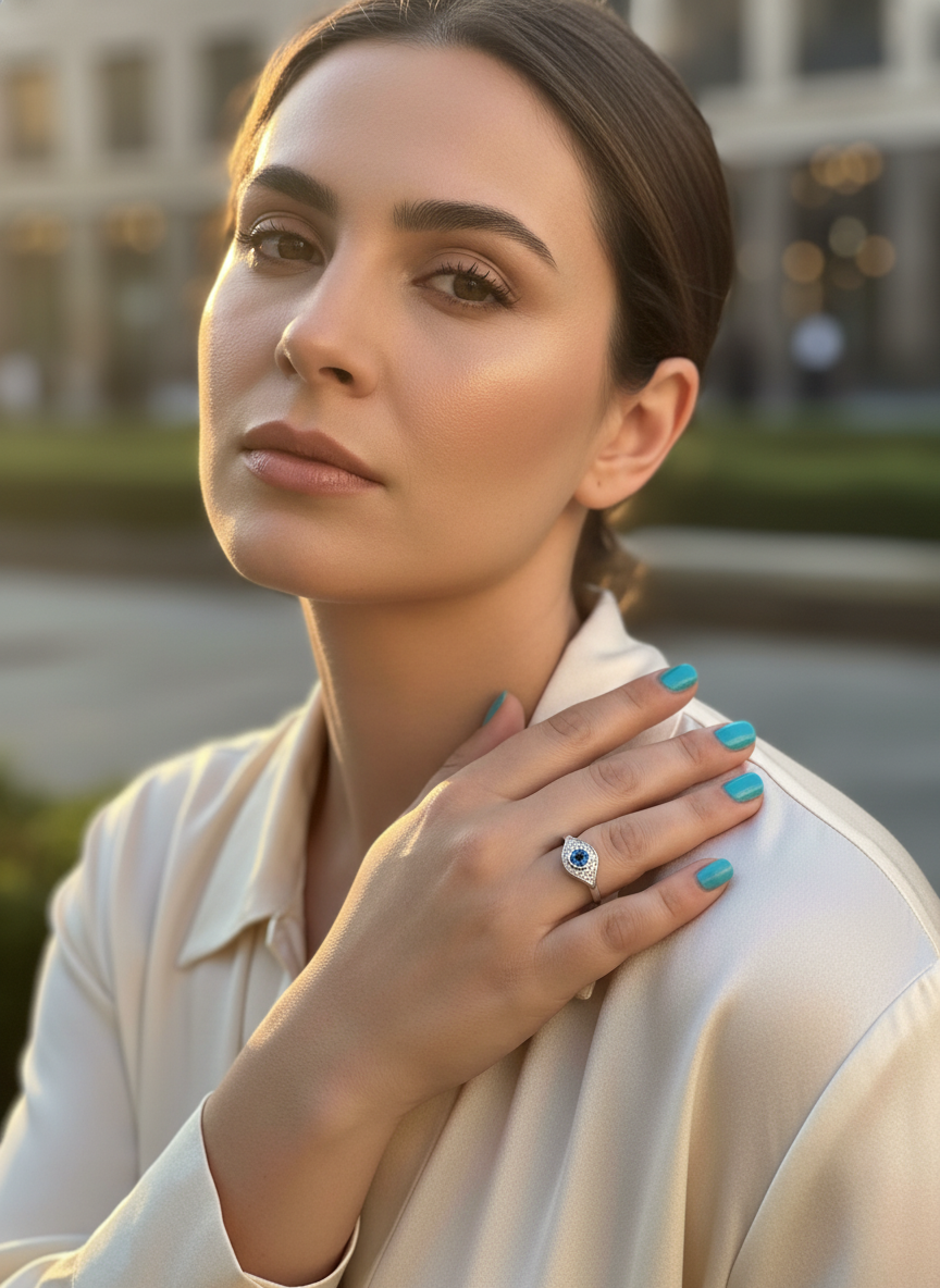 White Gold over Sterling Silver Women's Blue CZ Evil Eye Amulet Ring