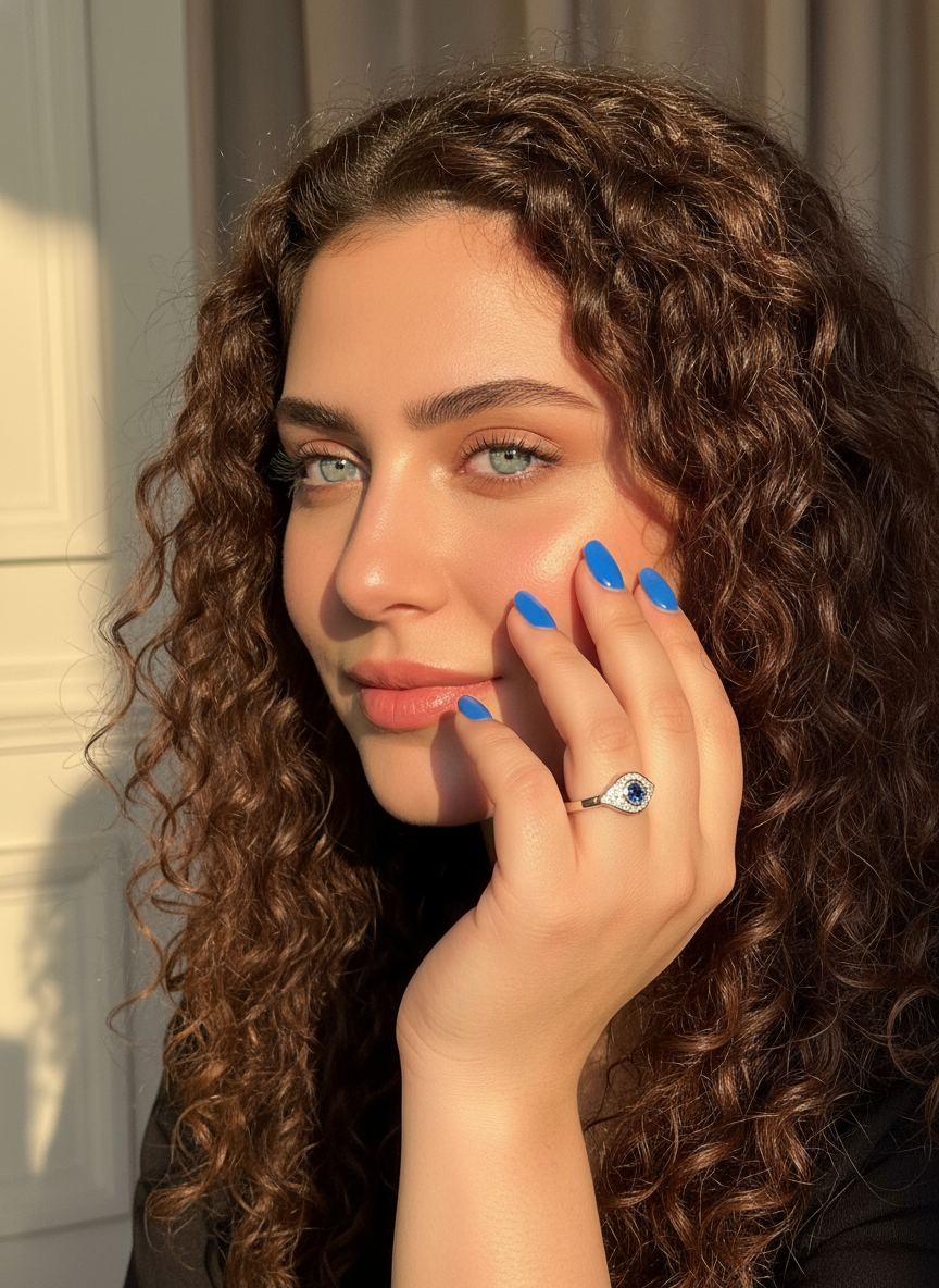 White Gold over Sterling Silver Women's Blue CZ Evil Eye Amulet Ring