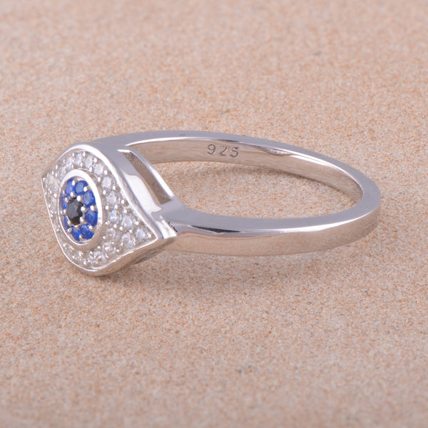 White Gold Over Sterling Silver Womens Blue Cz Evil Eye Amulet Ring