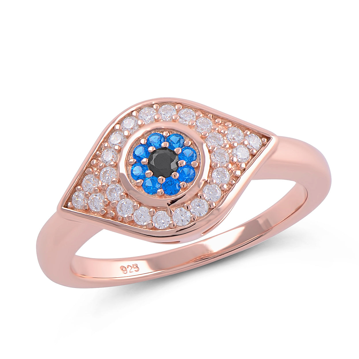 White Gold over Sterling Silver Women's Blue CZ Evil Eye Amulet Ring
