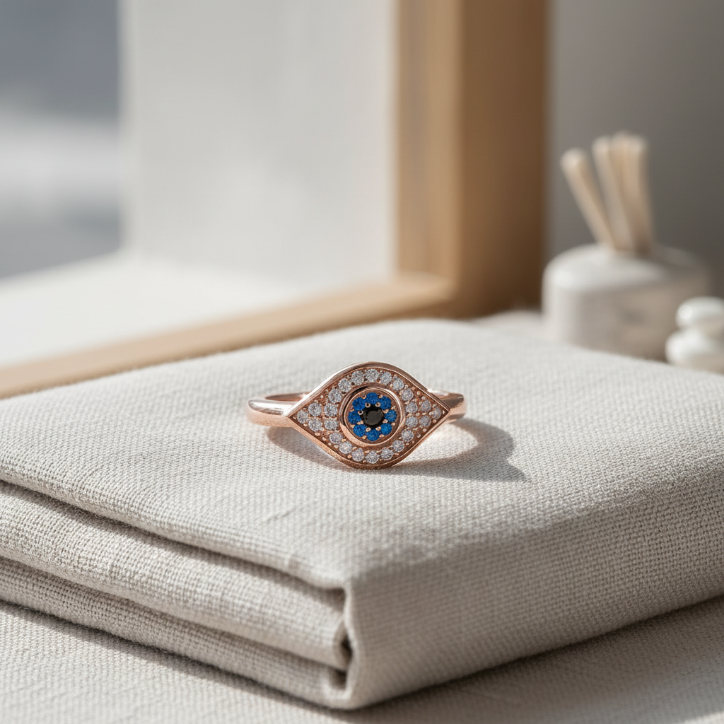 Rose Gold over Sterling Silver Women's Blue CZ Evil Eye Amulet Ring