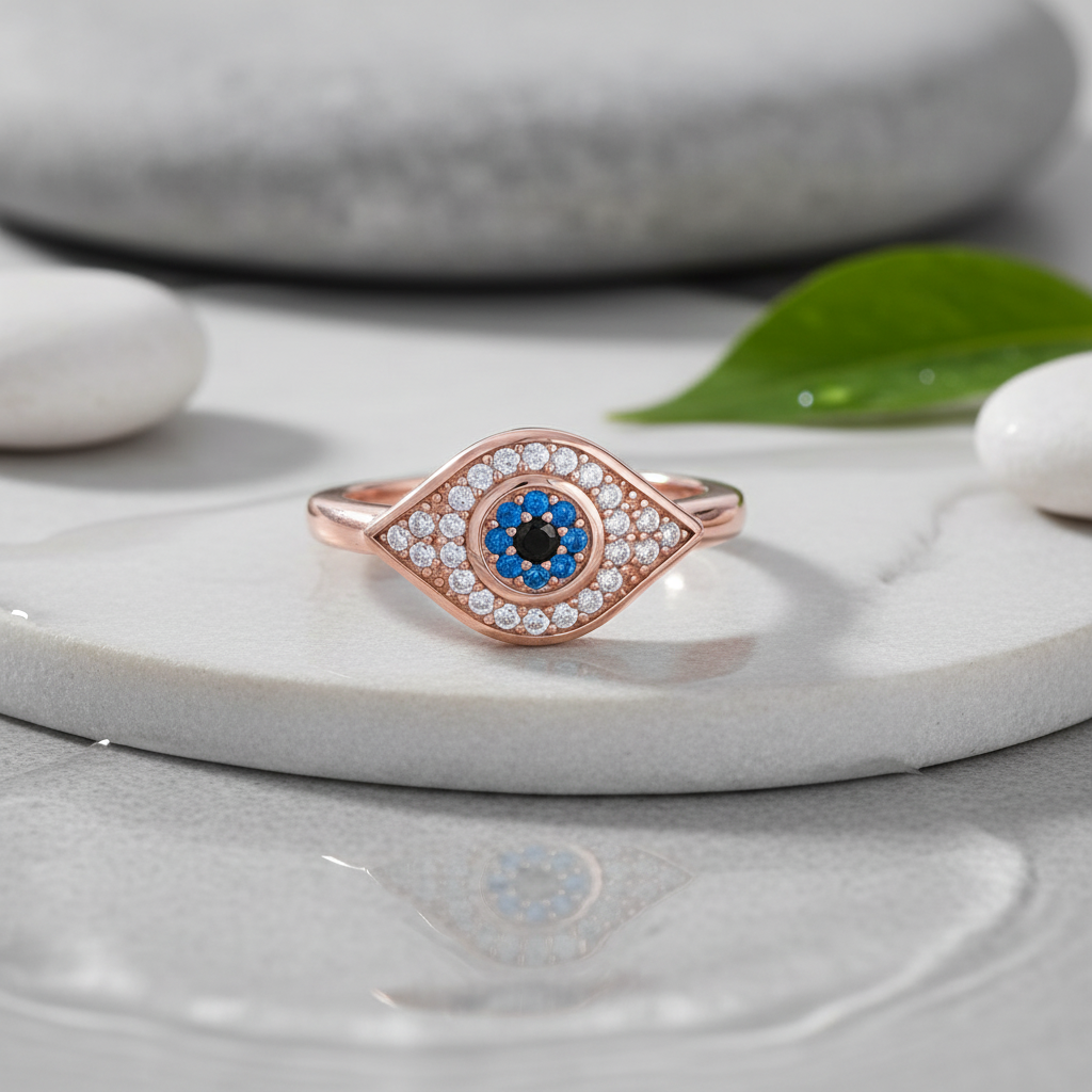 Rose Gold over Sterling Silver Women's Blue CZ Evil Eye Amulet Ring