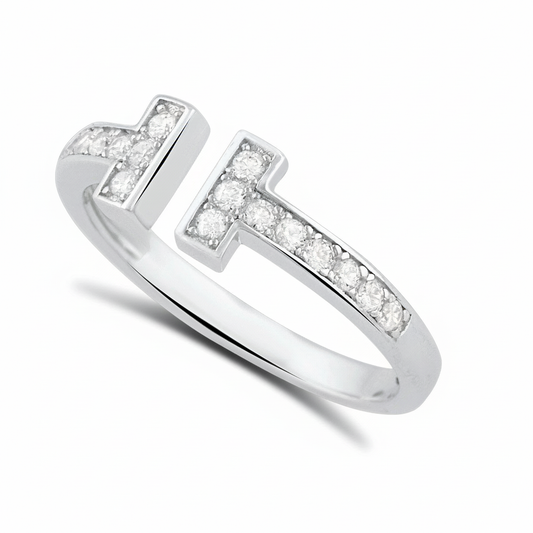 White Gold Plated Sterling Silver Moissanite Open T Band Ring – Modern Elegant Statement Jewelry