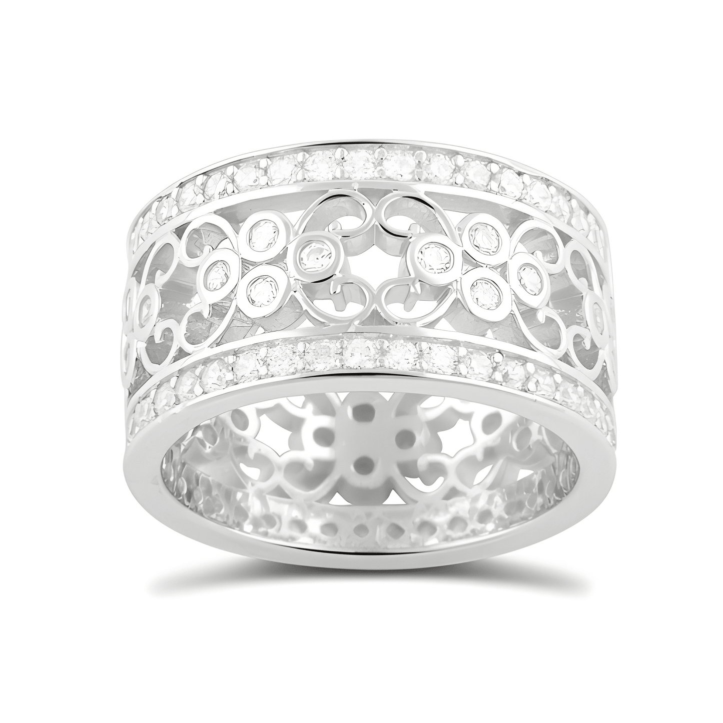 White Gold Plated Sterling Silver Women's Wide Filigree cz Statement Ring (11.5mm)