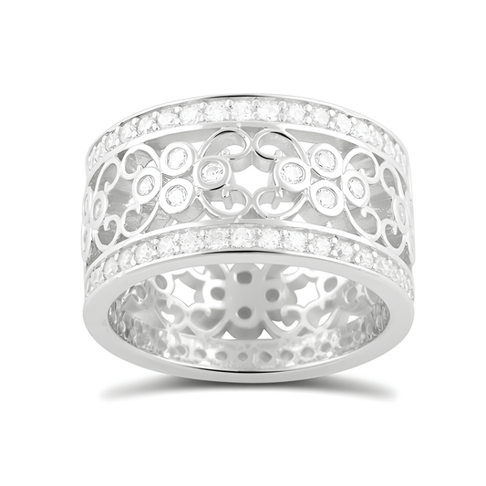 White Gold Plated Sterling Silver Women's Wide Filigree cz Statement Ring (11.5mm)