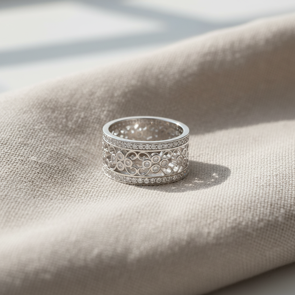 White Gold Plated Sterling Silver Women's Wide Filigree CZ Statement Ring (11.5mm)