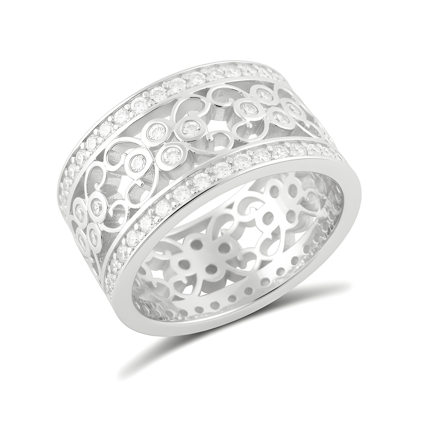 White Gold Plated Sterling Silver Women's Wide Filigree cz Statement Ring (11.5mm)