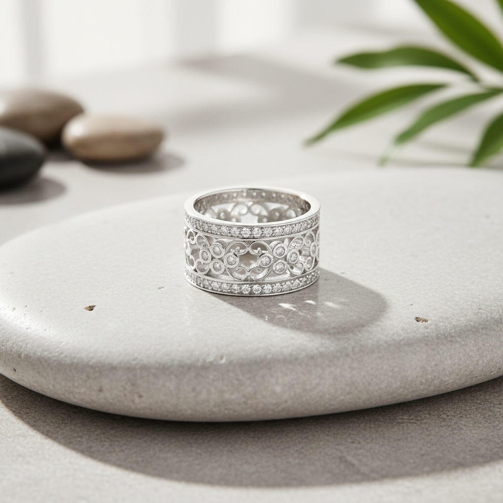 White Gold Plated Sterling Silver Women's Wide Filigree CZ Statement Ring (11.5mm)