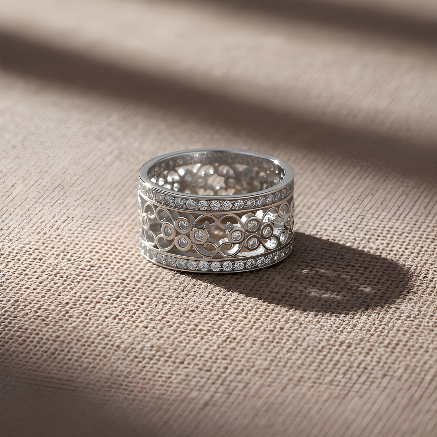 White Gold Plated Sterling Silver Women's Wide Filigree cz Statement Ring (11.5mm)