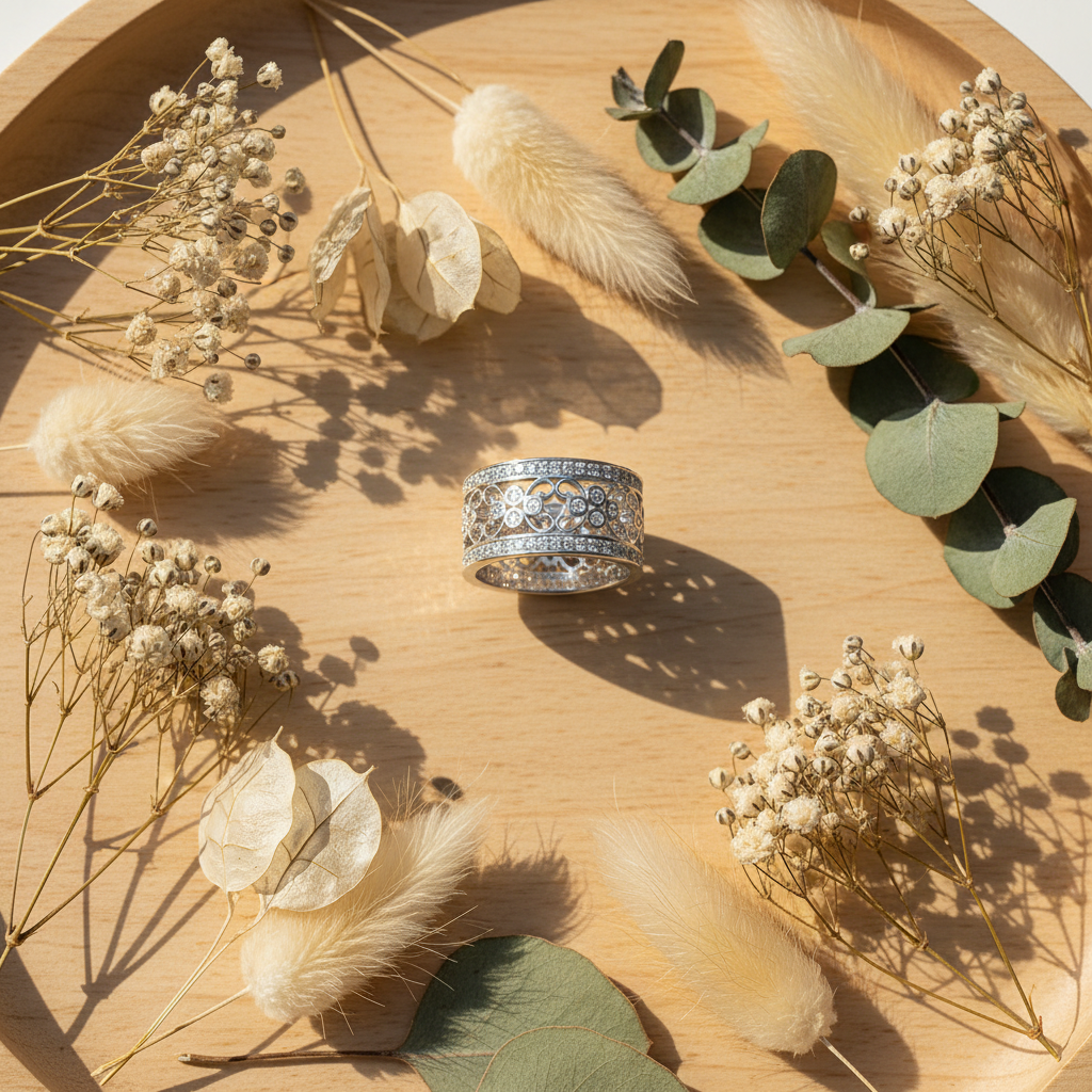 White Gold Plated Sterling Silver Women's Wide Filigree CZ Statement Ring (11.5mm)