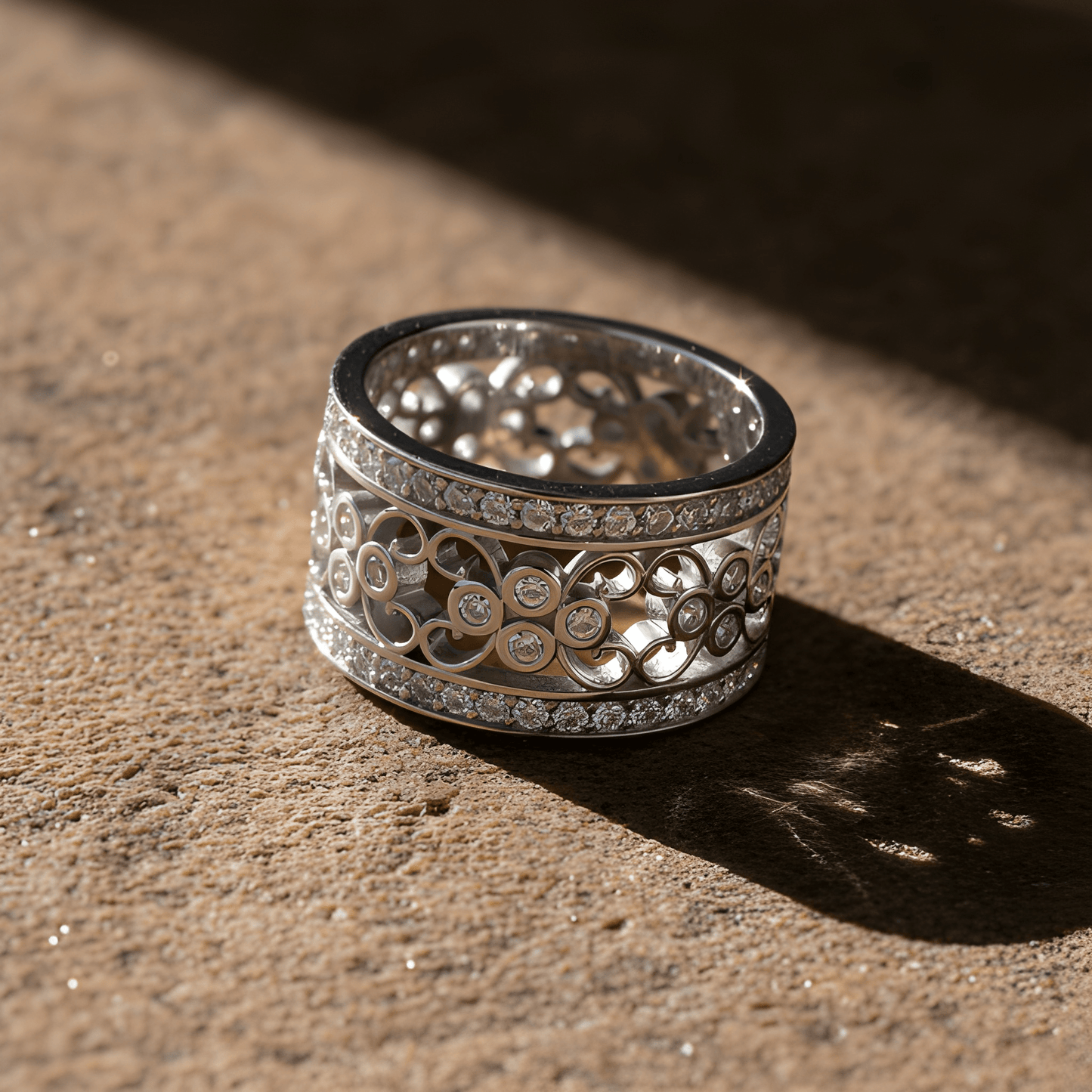 White Gold Plated Sterling Silver Women's Wide Filigree cz Statement Ring (11.5mm)