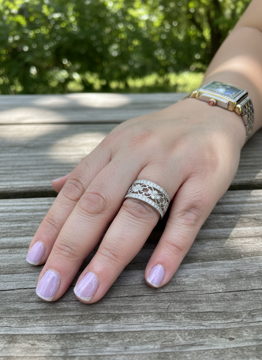 White Gold Plated Sterling Silver Women's Wide Filigree CZ Statement Ring (11.5mm)