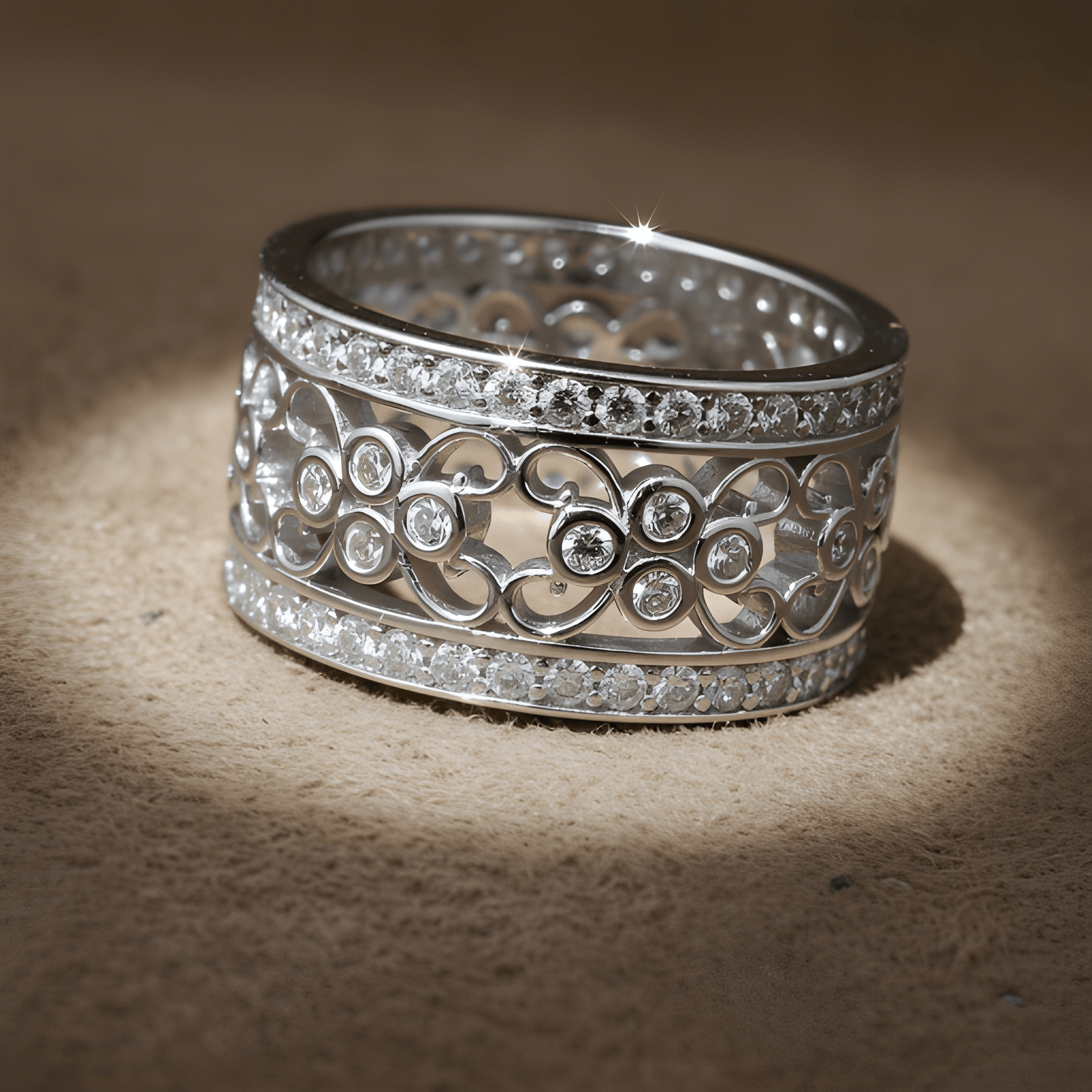 White Gold Plated Sterling Silver Women's Wide Filigree cz Statement Ring (11.5mm)