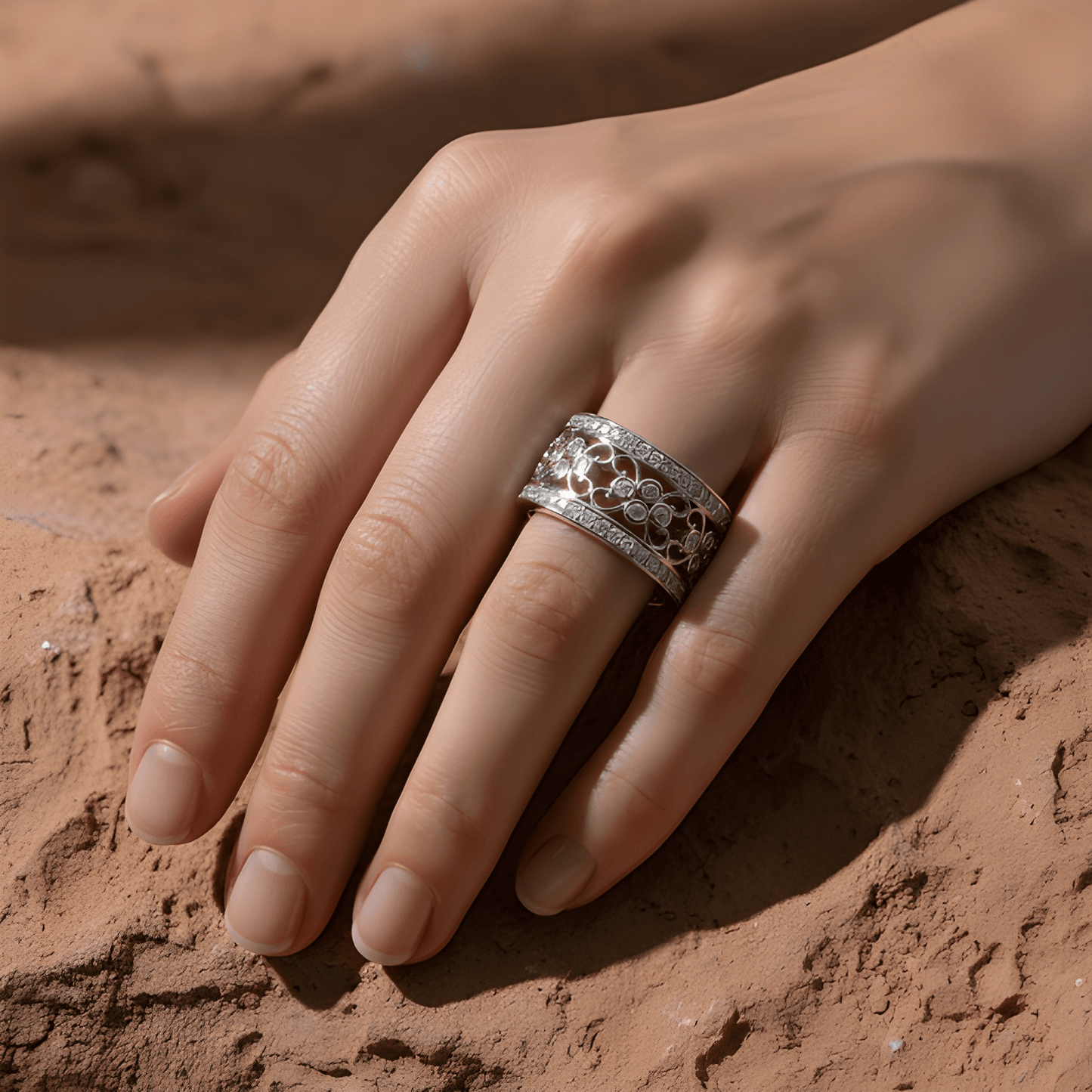 White Gold Plated Sterling Silver Women's Wide Filigree cz Statement Ring (11.5mm)