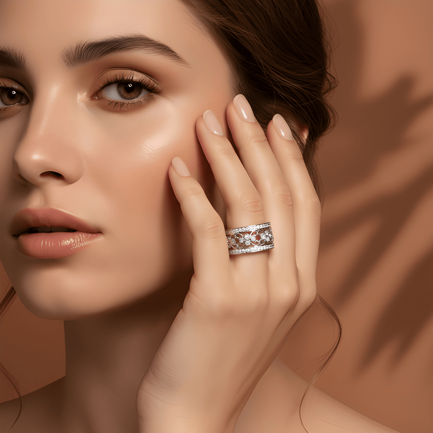 White Gold Plated Sterling Silver Women's Wide Filigree cz Statement Ring (11.5mm)