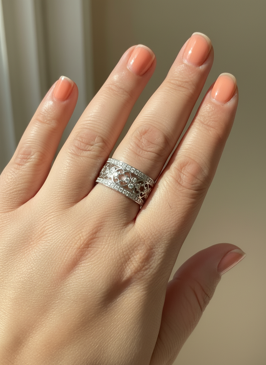 White Gold Plated Sterling Silver Women's Wide Filigree CZ Statement Ring (11.5mm)