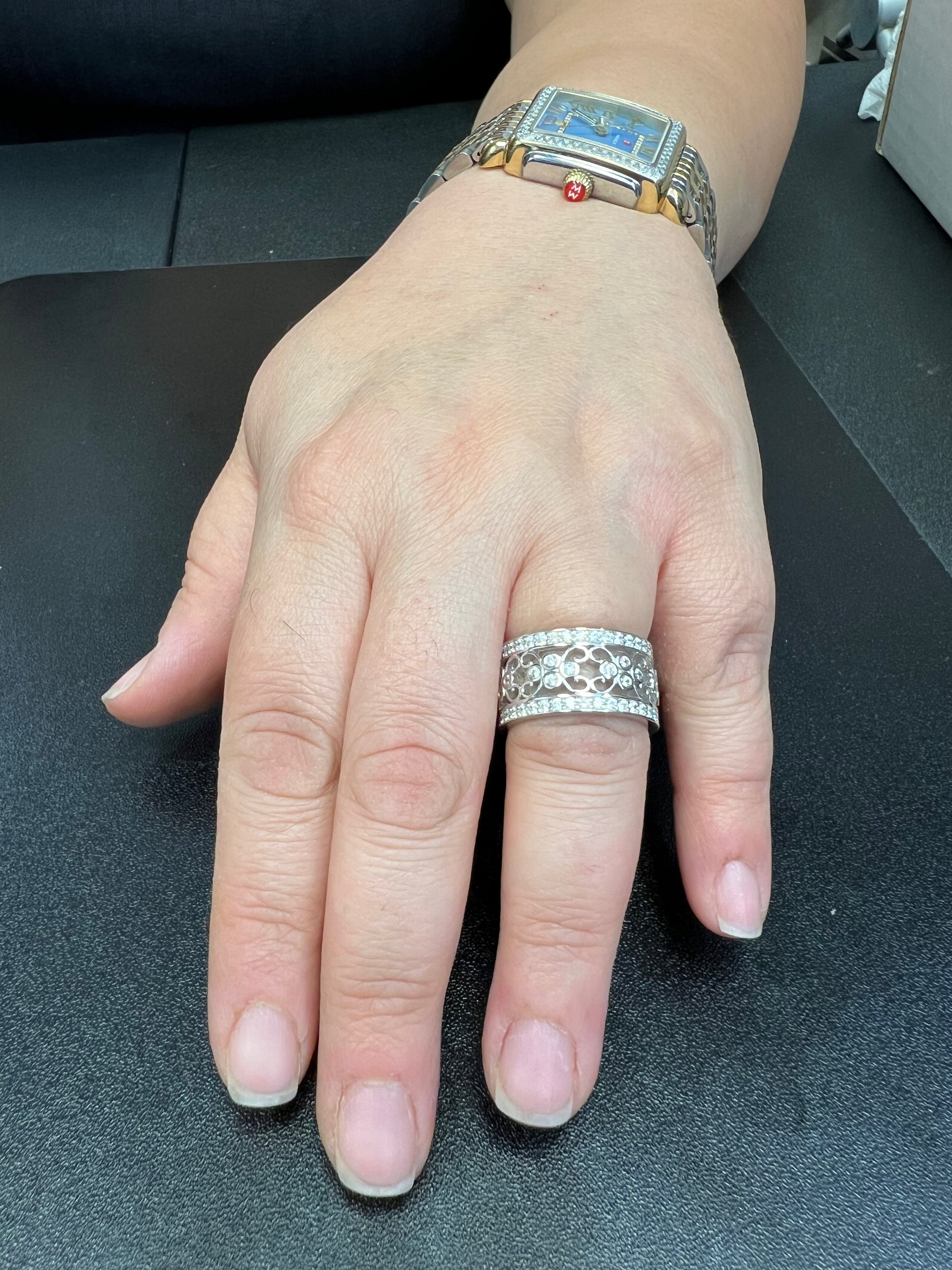 White Gold Plated Sterling Silver Women's Wide Filigree CZ Statement Ring (11.5mm)
