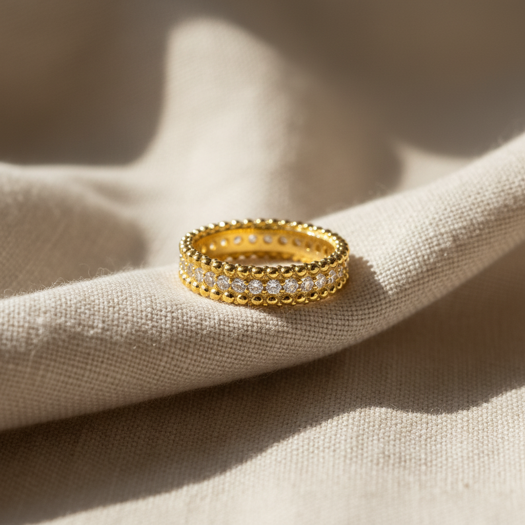 14K Yellow Gold Plated Sterling Silver Beaded Eternity Ring with Simulated Diamond – 5.5mm Wide, Gift Box Included (Size 4–10)