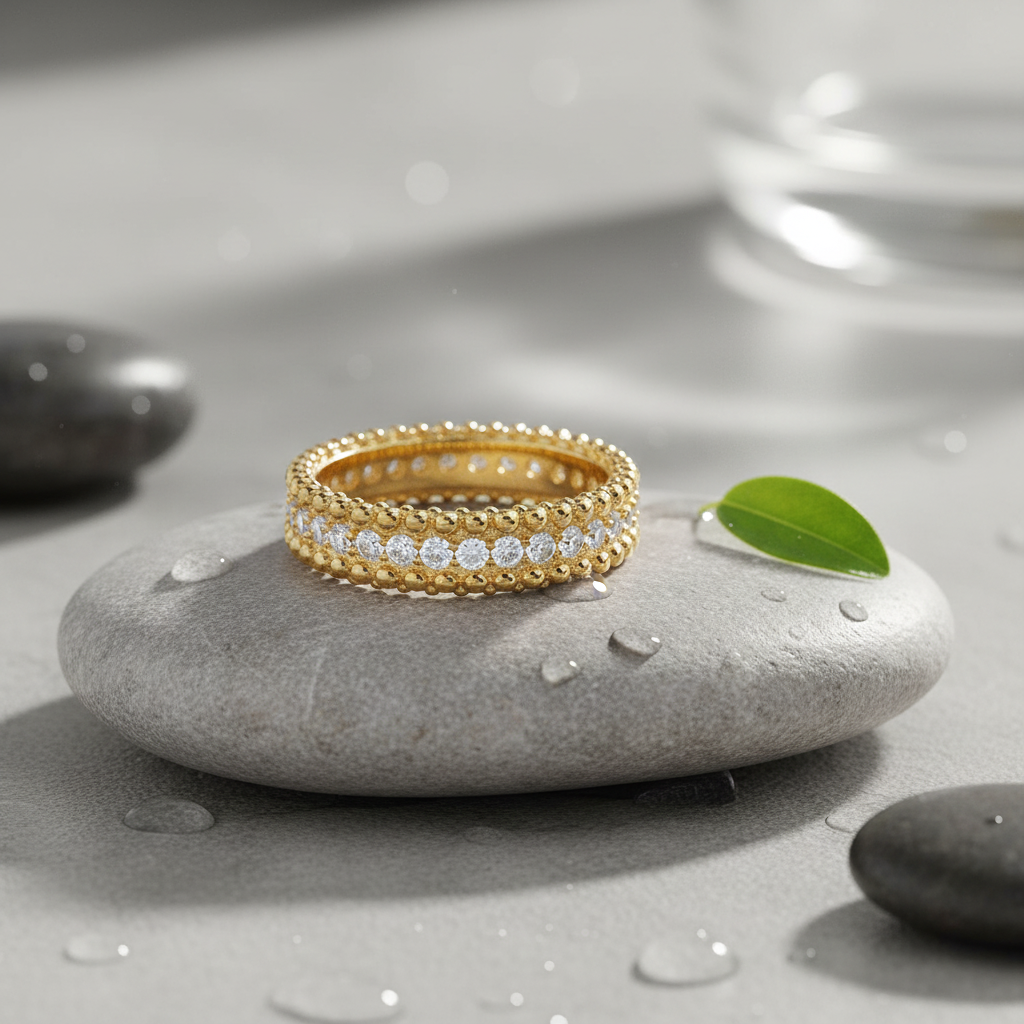 14K Yellow Gold Plated Sterling Silver Beaded Eternity Ring with Simulated Diamond – 5.5mm Wide, Gift Box Included (Size 4–10)