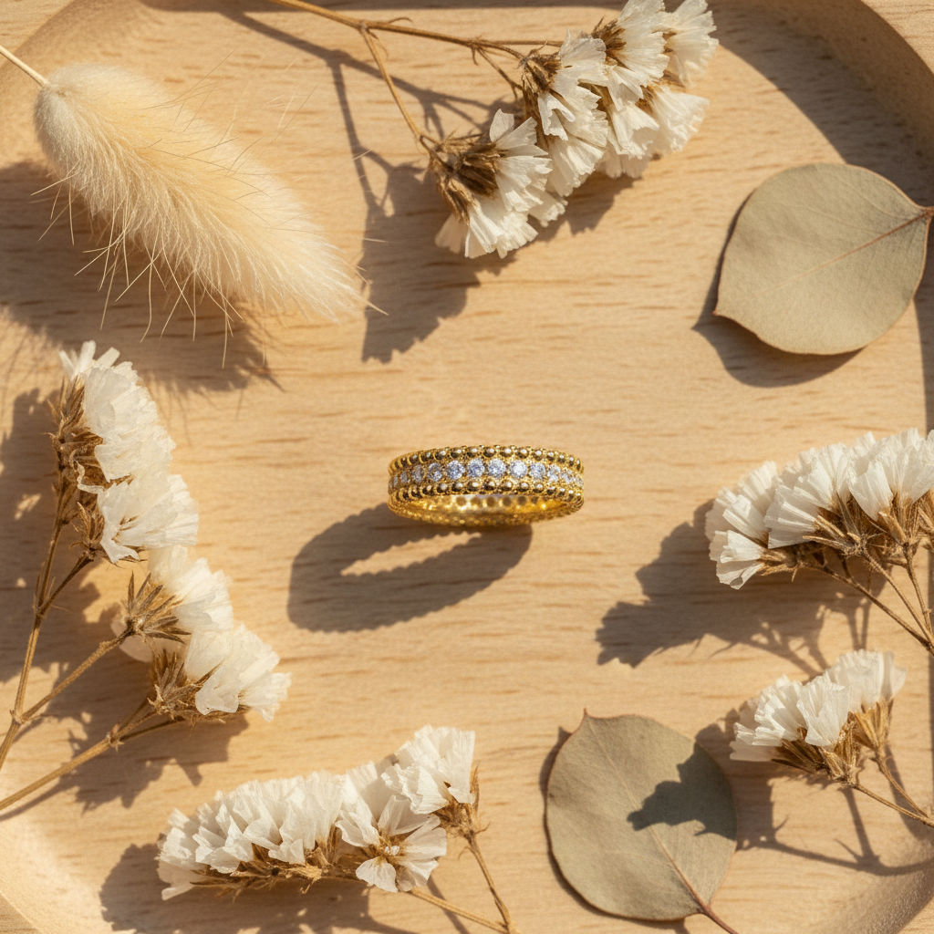 14K Yellow Gold Plated Sterling Silver Beaded Eternity Ring with Simulated Diamond – 5.5mm Wide, Gift Box Included (Size 4–10)