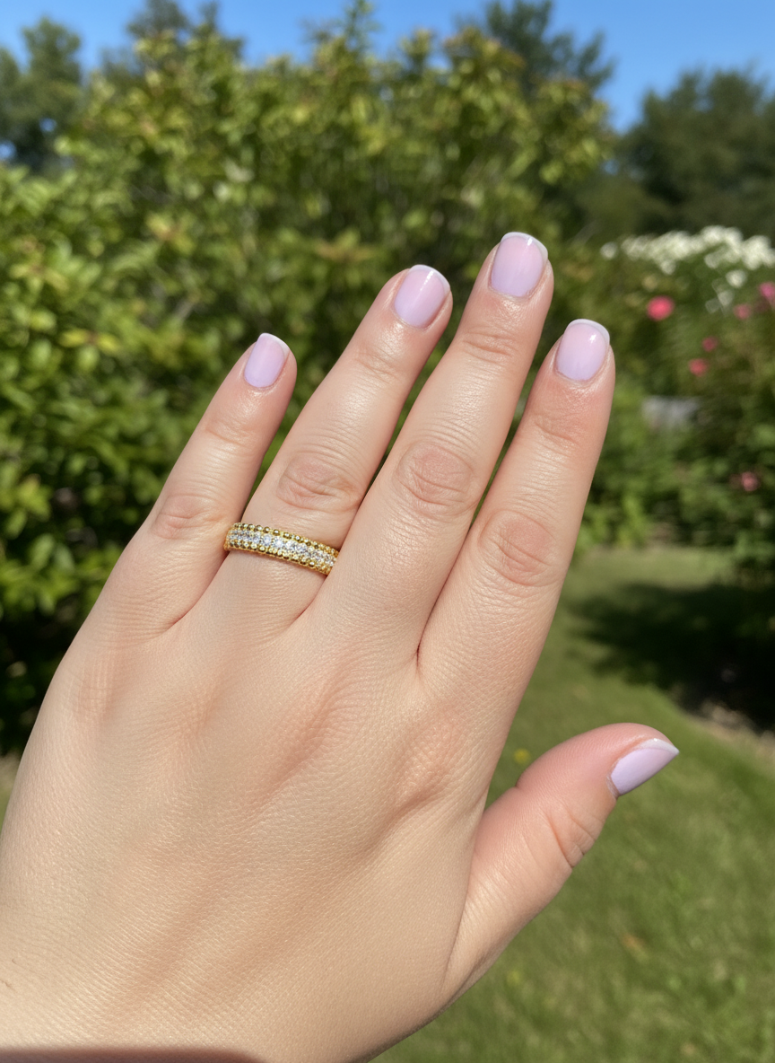 14K Yellow Gold Plated Sterling Silver Beaded Eternity Ring with Simulated Diamond – 5.5mm Wide, Gift Box Included (Size 4–10)