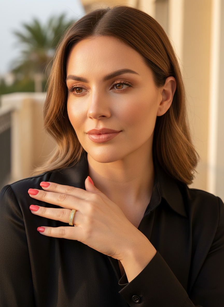 14K Yellow Gold Plated Sterling Silver Beaded Eternity Ring with Simulated Diamond – 5.5mm Wide, Gift Box Included (Size 4–10)