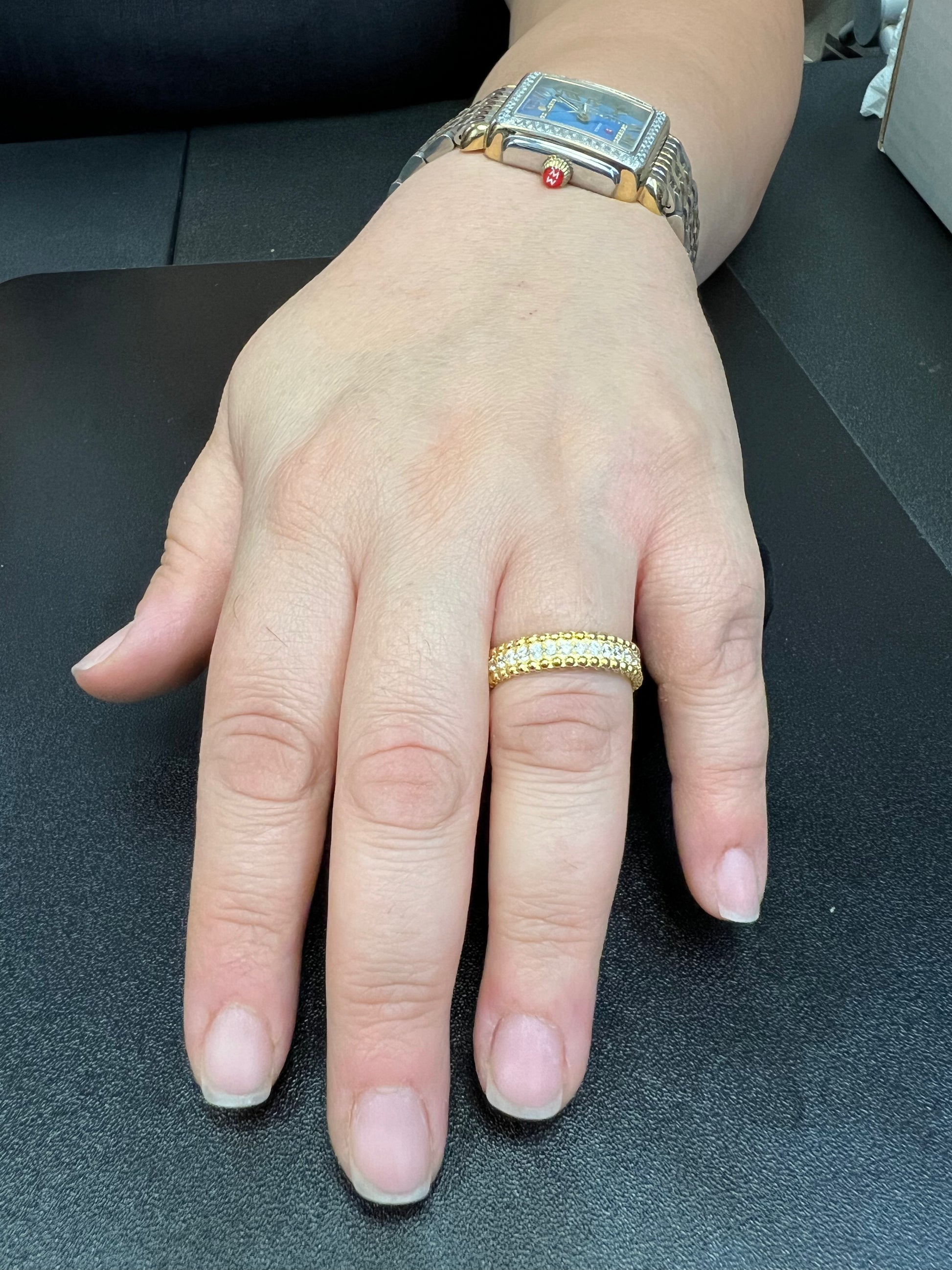 14K Yellow Gold Plated Sterling Silver Beaded Eternity Ring with Simulated Diamond – 5.5mm Wide, Gift Box Included (Size 4–10)