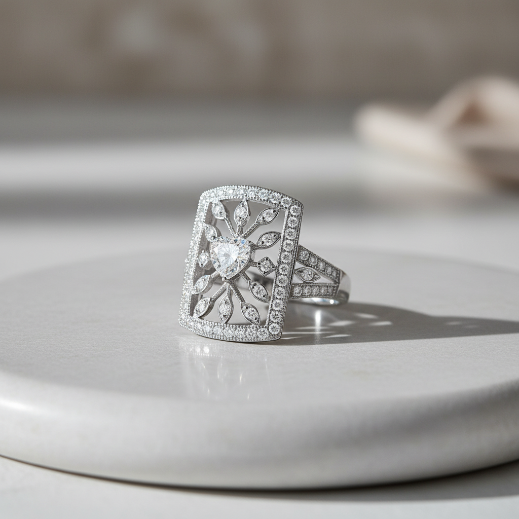 Sterling Silver Heart CZ Big Square Statement Ring | SilverCloseOut