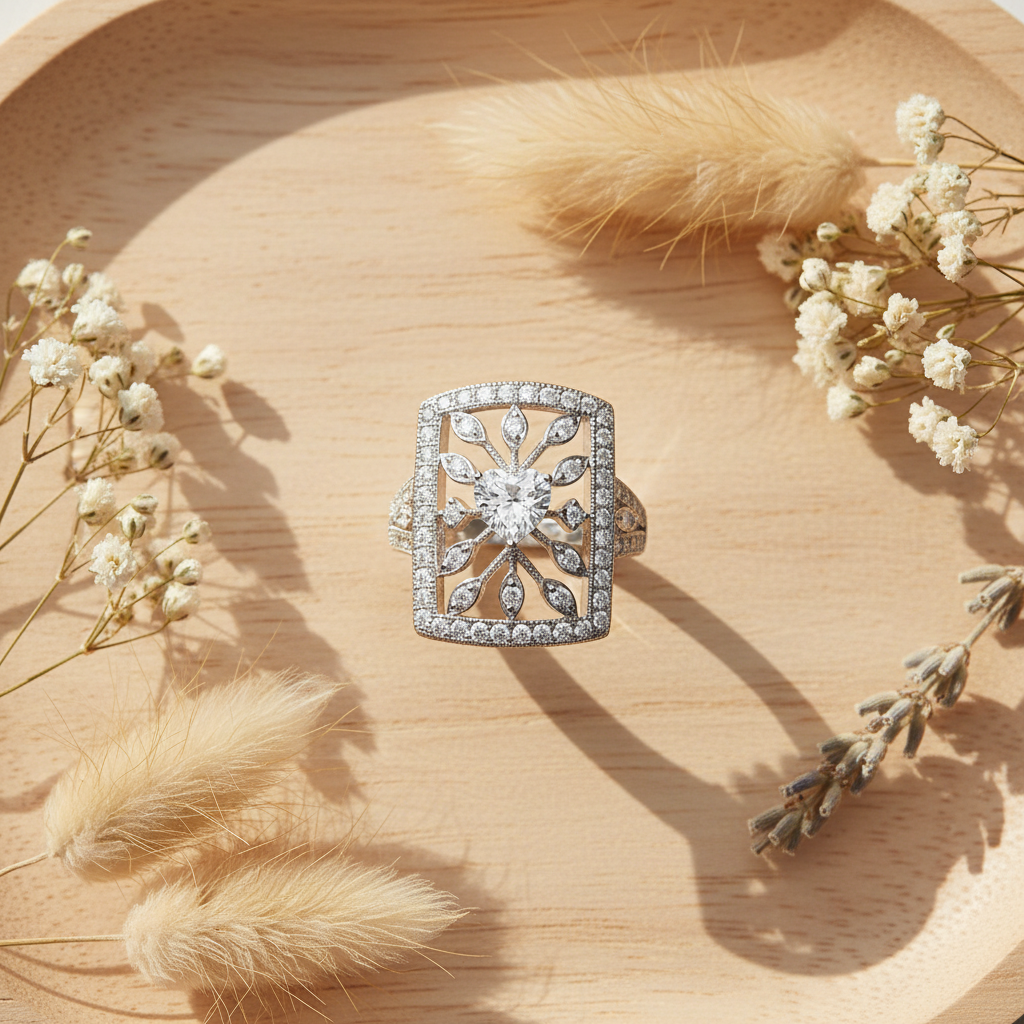 Sterling Silver Heart CZ Big Square Statement Ring | SilverCloseOut