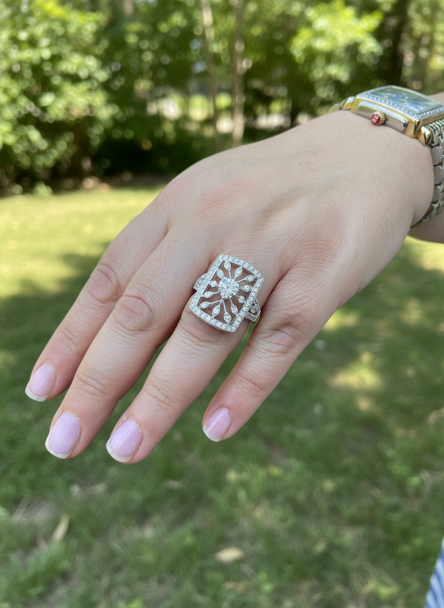 Sterling Silver Heart CZ Big Square Statement Ring | SilverCloseOut