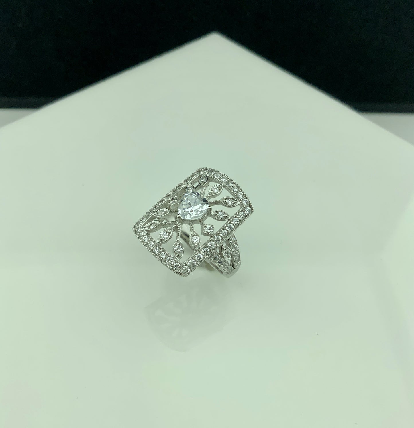 Sterling Silver Heart CZ Big Square Statement Ring | SilverCloseOut