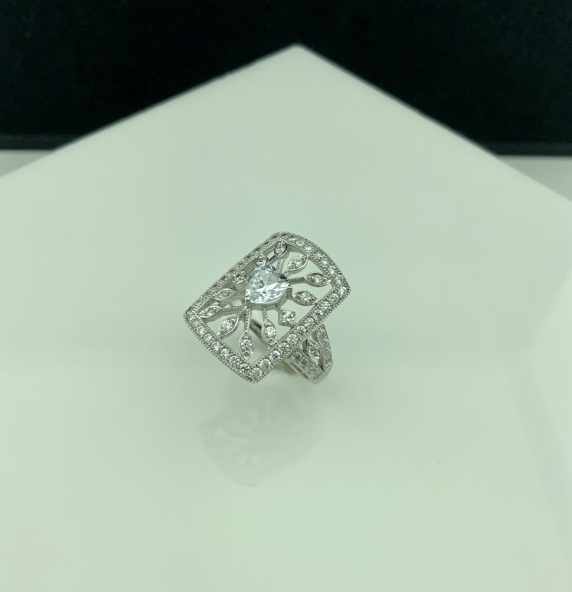 Sterling Silver Heart CZ Big Square Statement Ring | SilverCloseOut
