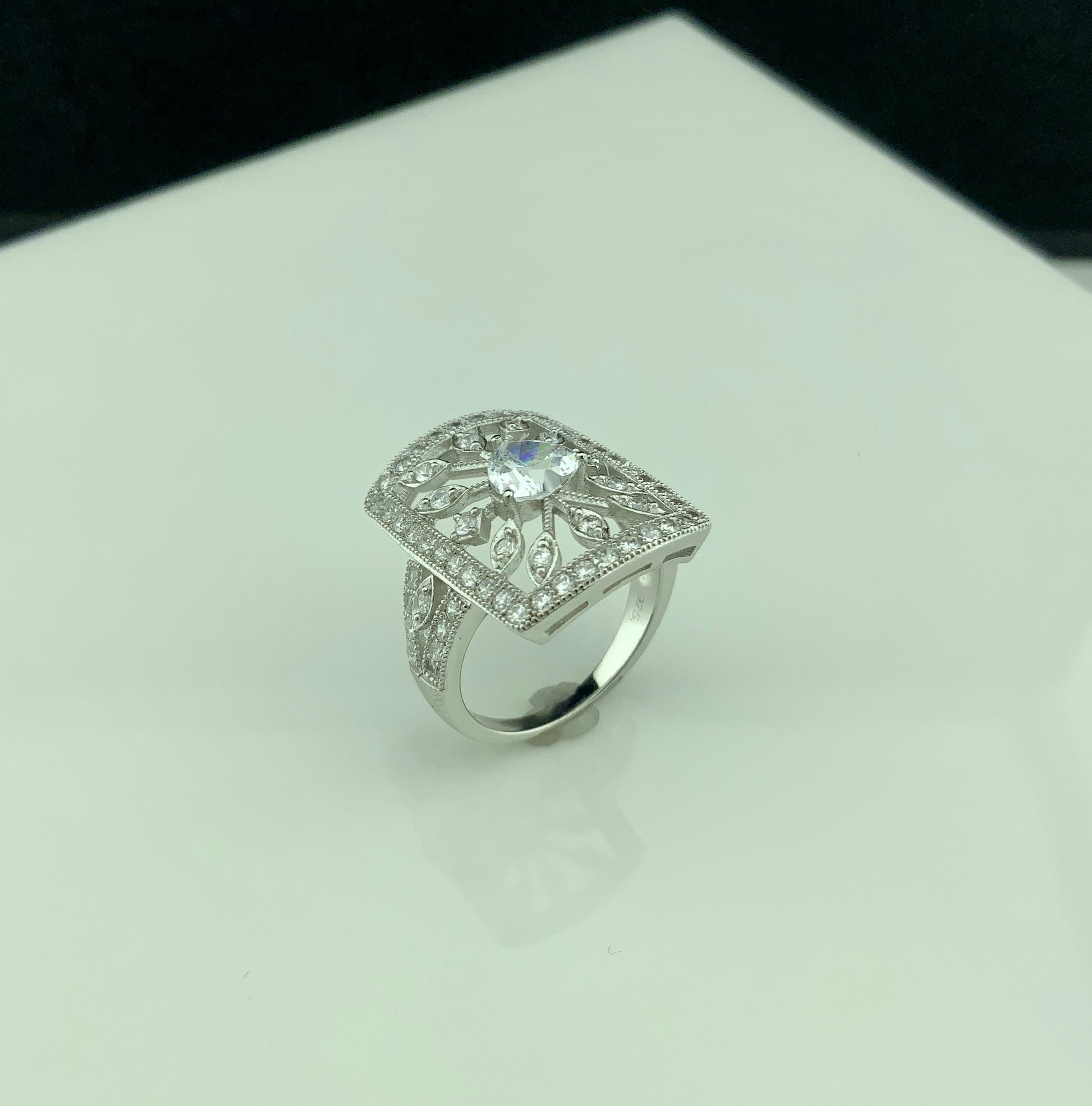 Sterling Silver Heart CZ Big Square Statement Ring | SilverCloseOut