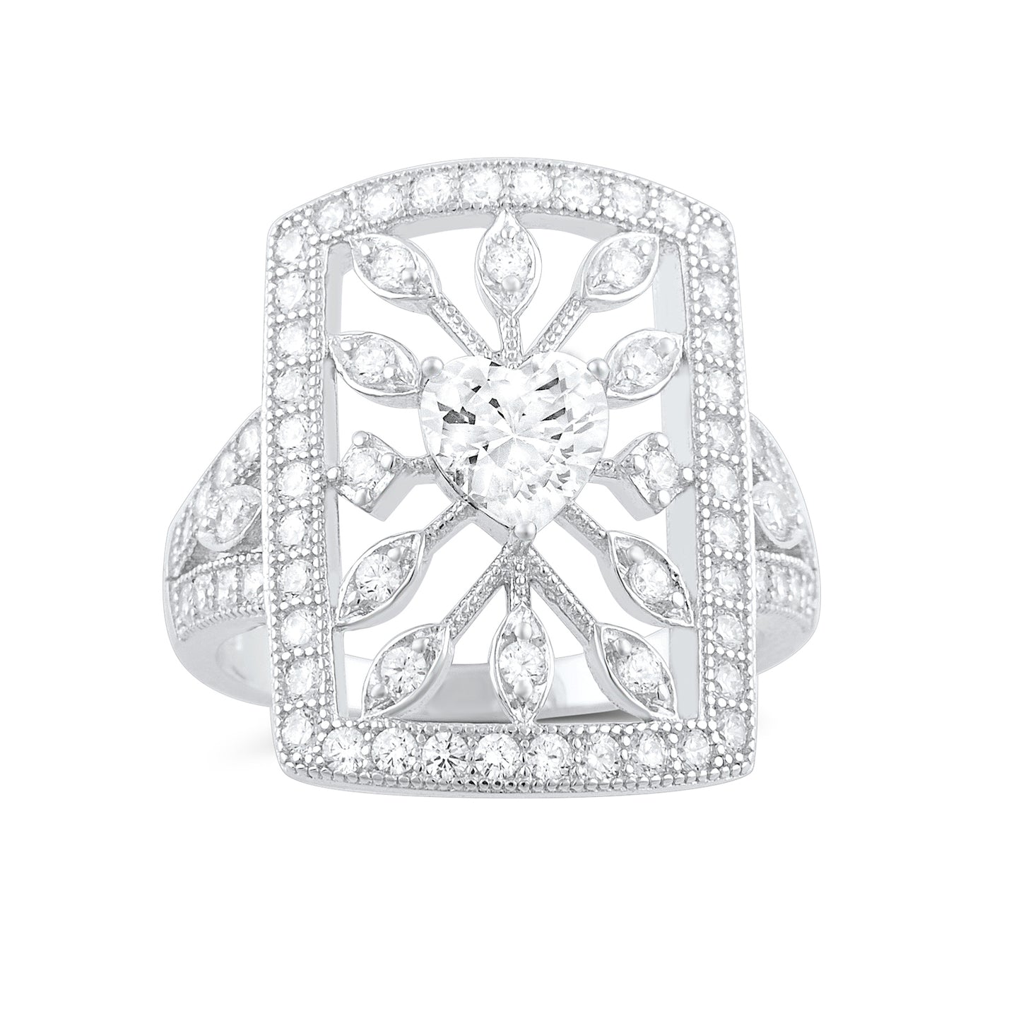 Sterling Silver Heart CZ Big Square Statement Ring | SilverCloseOut