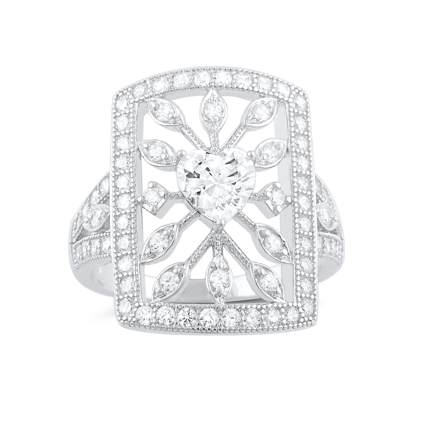 Sterling Silver Heart CZ Big Square Statement Ring | SilverCloseOut