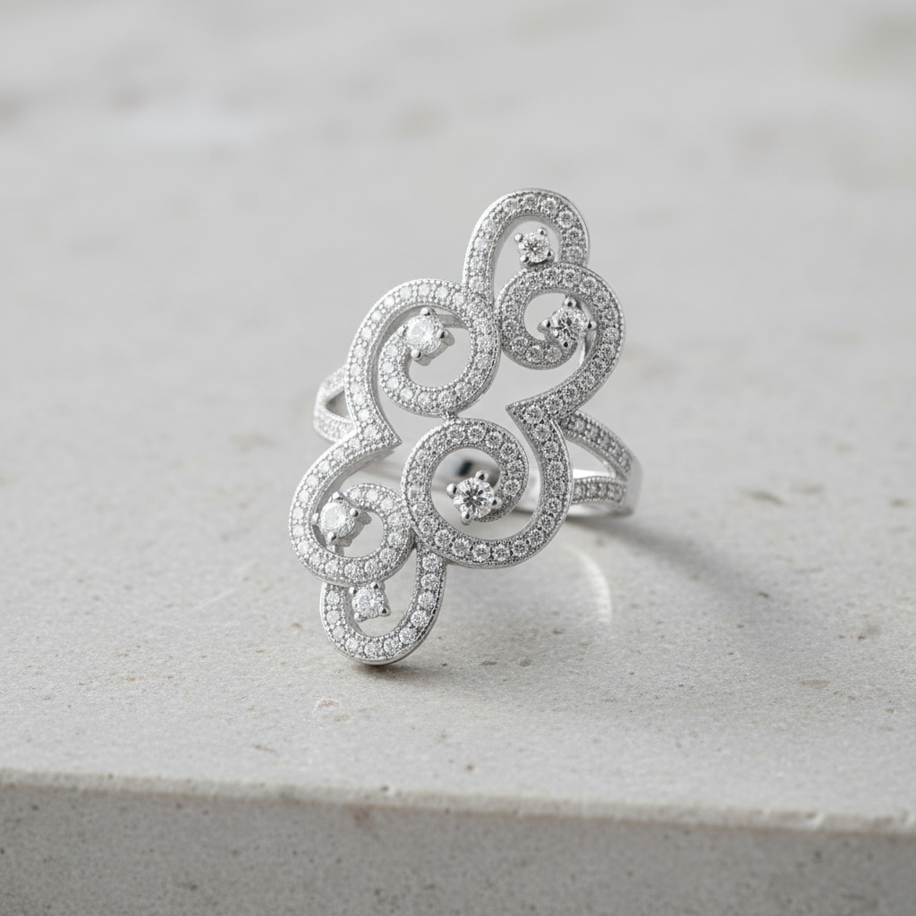 Sterling Silver CZ Filigree Swirl Statement Ring | SilverCloseOut
