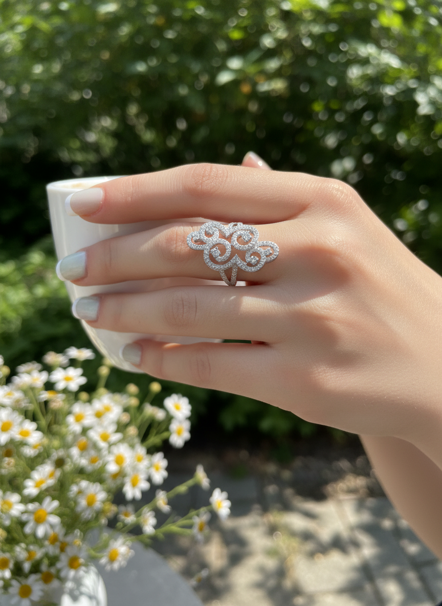 Sterling Silver CZ Filigree Swirl Statement Ring | SilverCloseOut