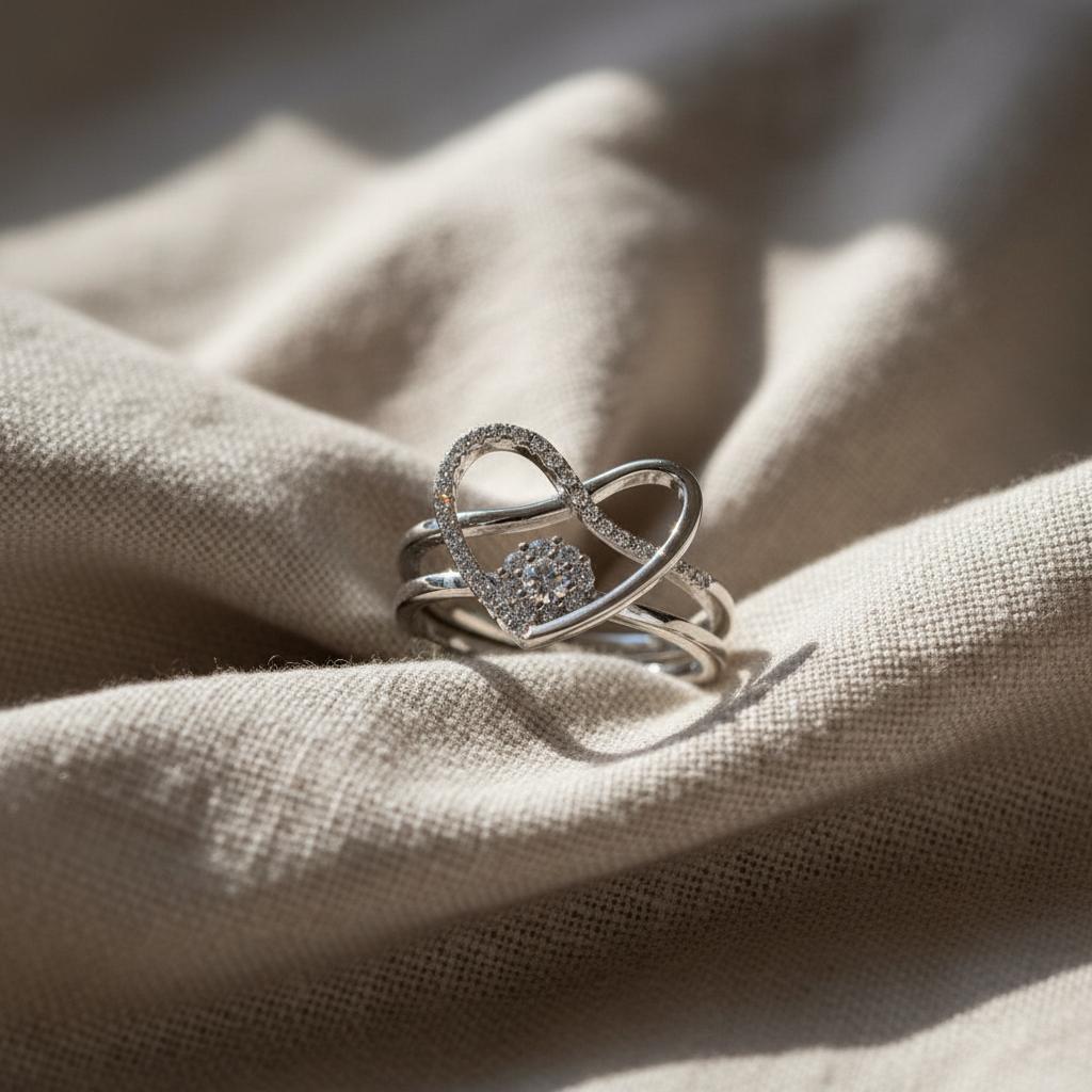 White Gold Plated Sterling Silver Women's Two Piece Heart & Halo Ring