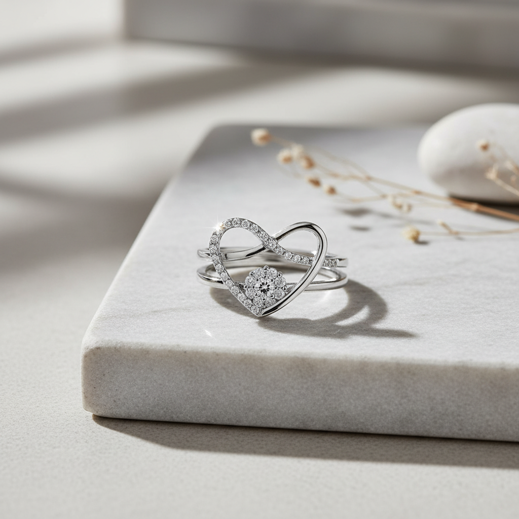 White Gold Plated Sterling Silver Women's Two Piece Heart & Halo Ring
