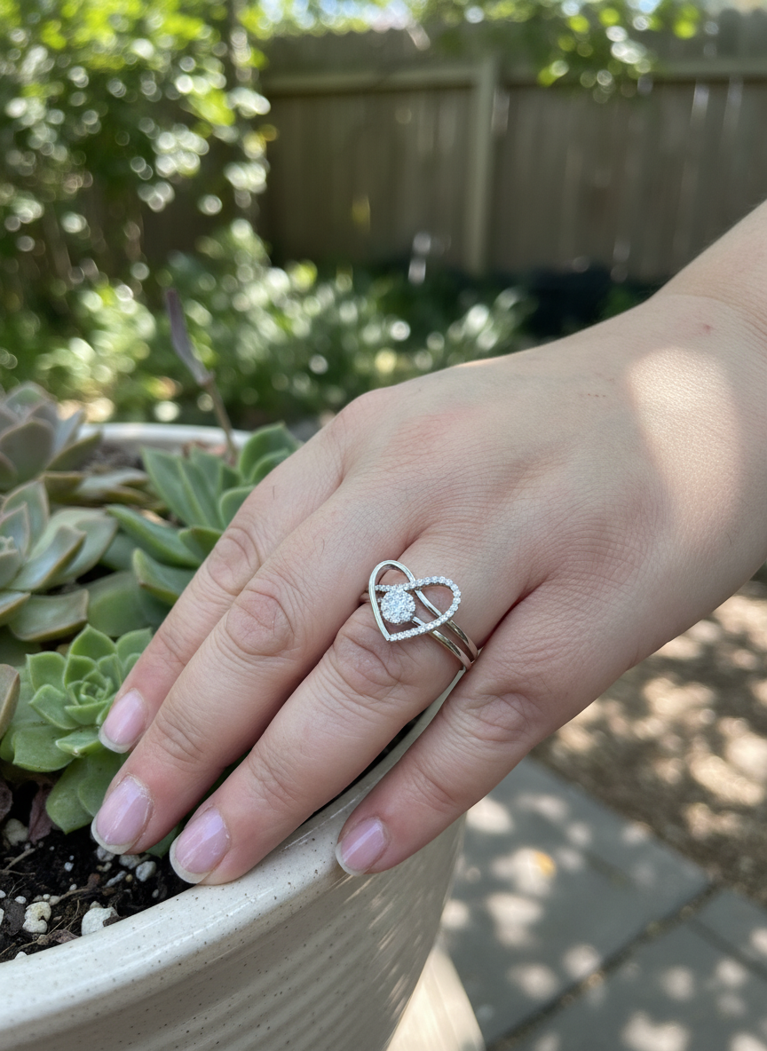 White Gold Plated Sterling Silver Women's Two Piece Heart & Halo Ring