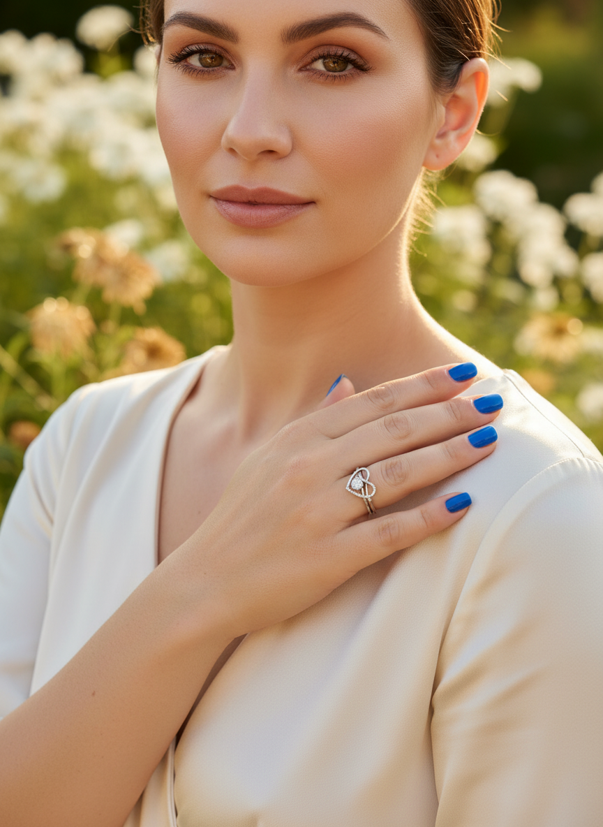 White Gold Plated Sterling Silver Women's Two Piece Heart & Halo Ring